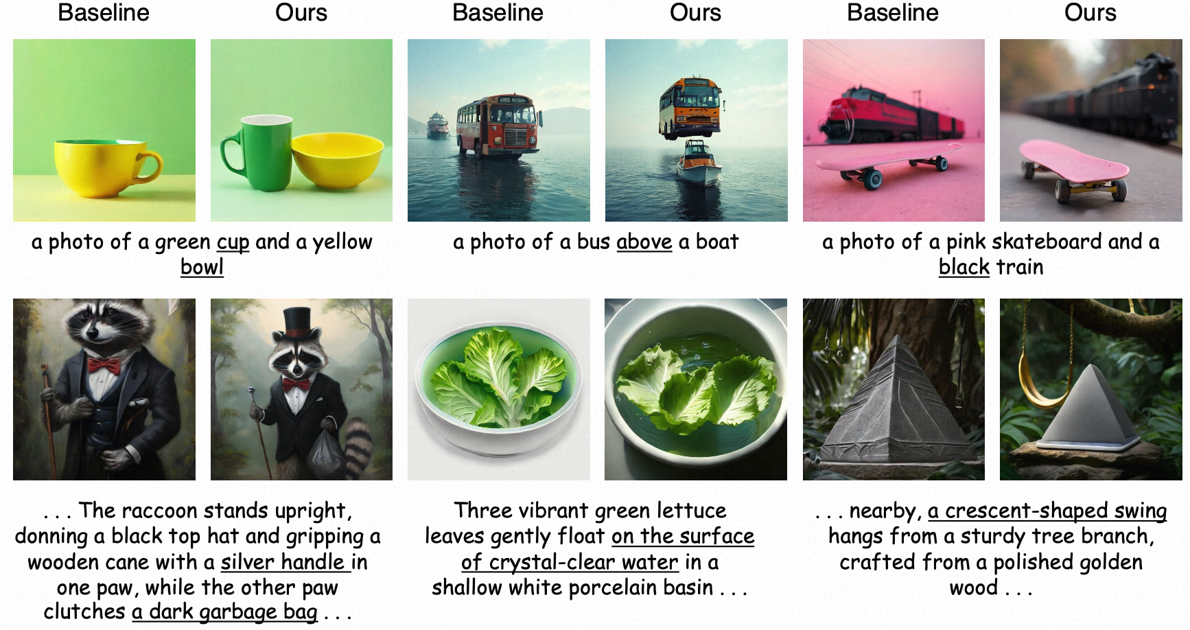 Qualitative generation results.
UMMs post-trained with UniMRG better follow prompts involving multiple objects, spatial relationships, and complex attributes.